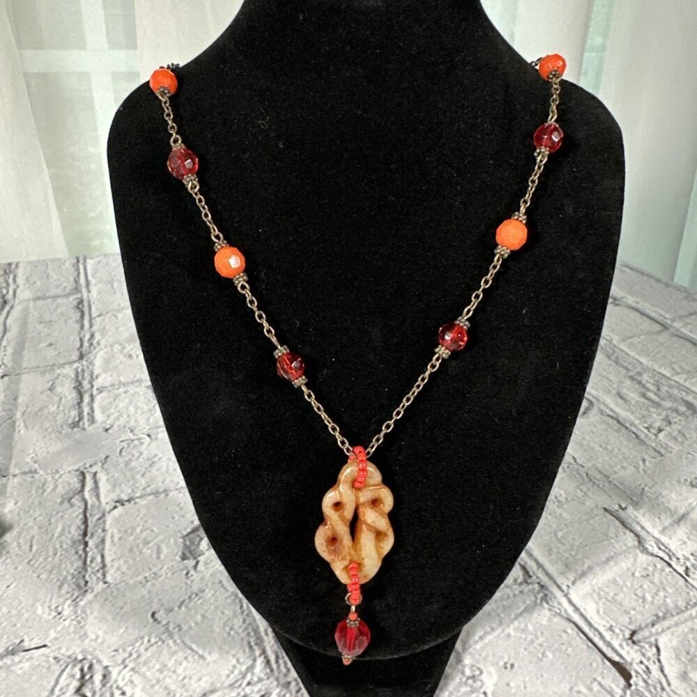 Vintage Brown Jade Pendant Beaded Necklace Orange Red 19”